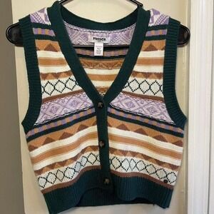 RSQ Women's Geometric Pattern Button Knit Vest‎ Sweater Green Purple Tan Small